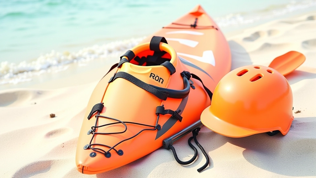 Equipo completo de kayak: chaleco salvavidas anaranjado, pala de remo, casco de seguridad y bolsa de objetos personales sobre arena blanca