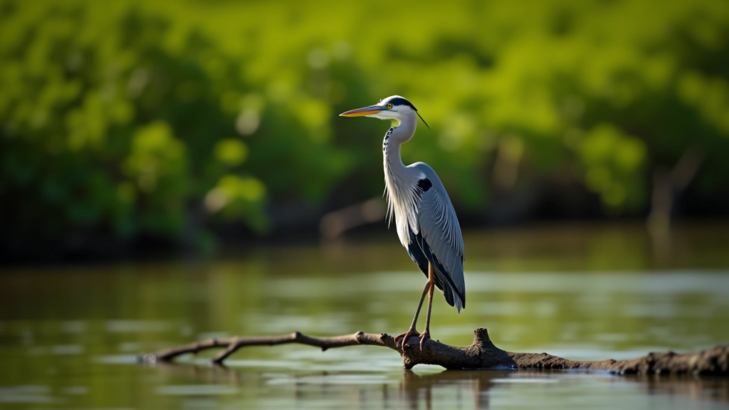 Garza gris posada en rama de mangle sobre agua, expresión atenta, agua refleja luz solar, vegetación densa de fondo
