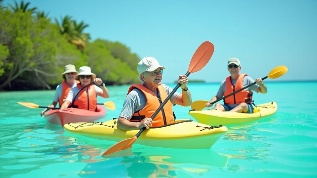 Jubilados remando en kayaks en agua turquesa, bajo el sol con cielo azul despejado, cayos verdes de fondo