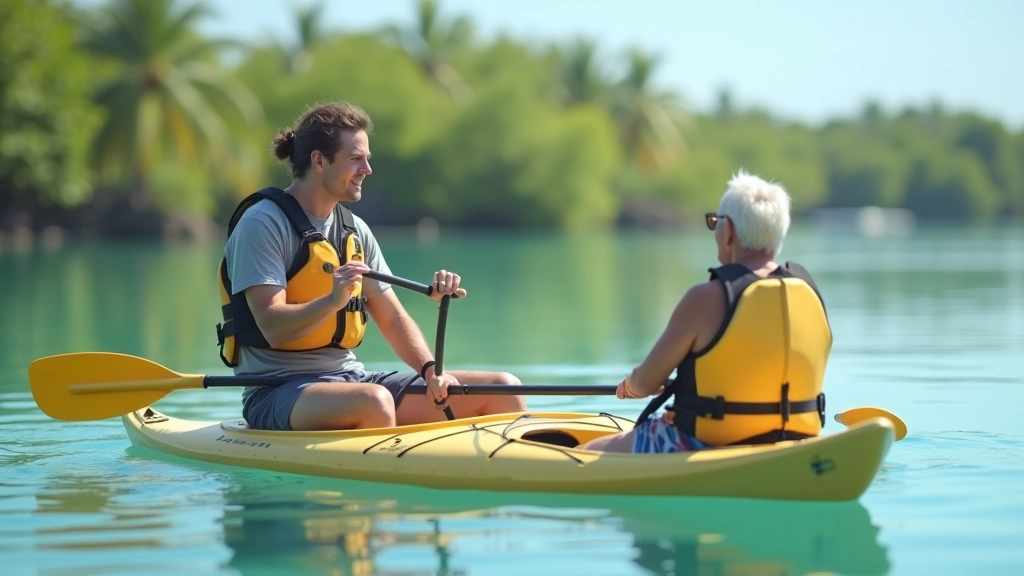 Instructor de kayak en chaleco de vida naranja, completamente vestido, demostrando técnica de remo a grupo de principiantes en agua clara