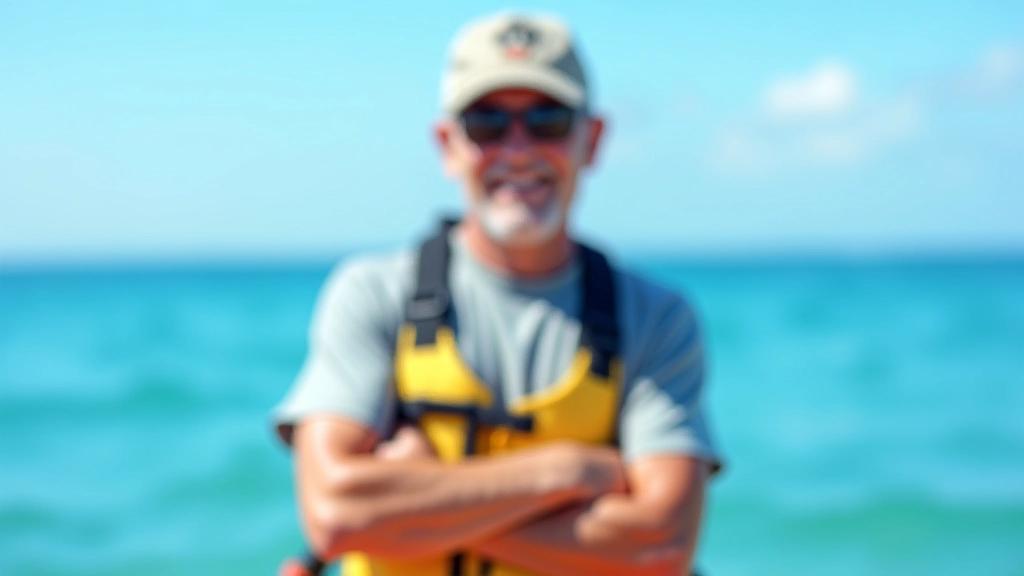 Retrato profesional de guía de kayak varón, edad 52, brazo cruzado, con uniforme, sonriendo, océano de fondo, luz clara, sin texto